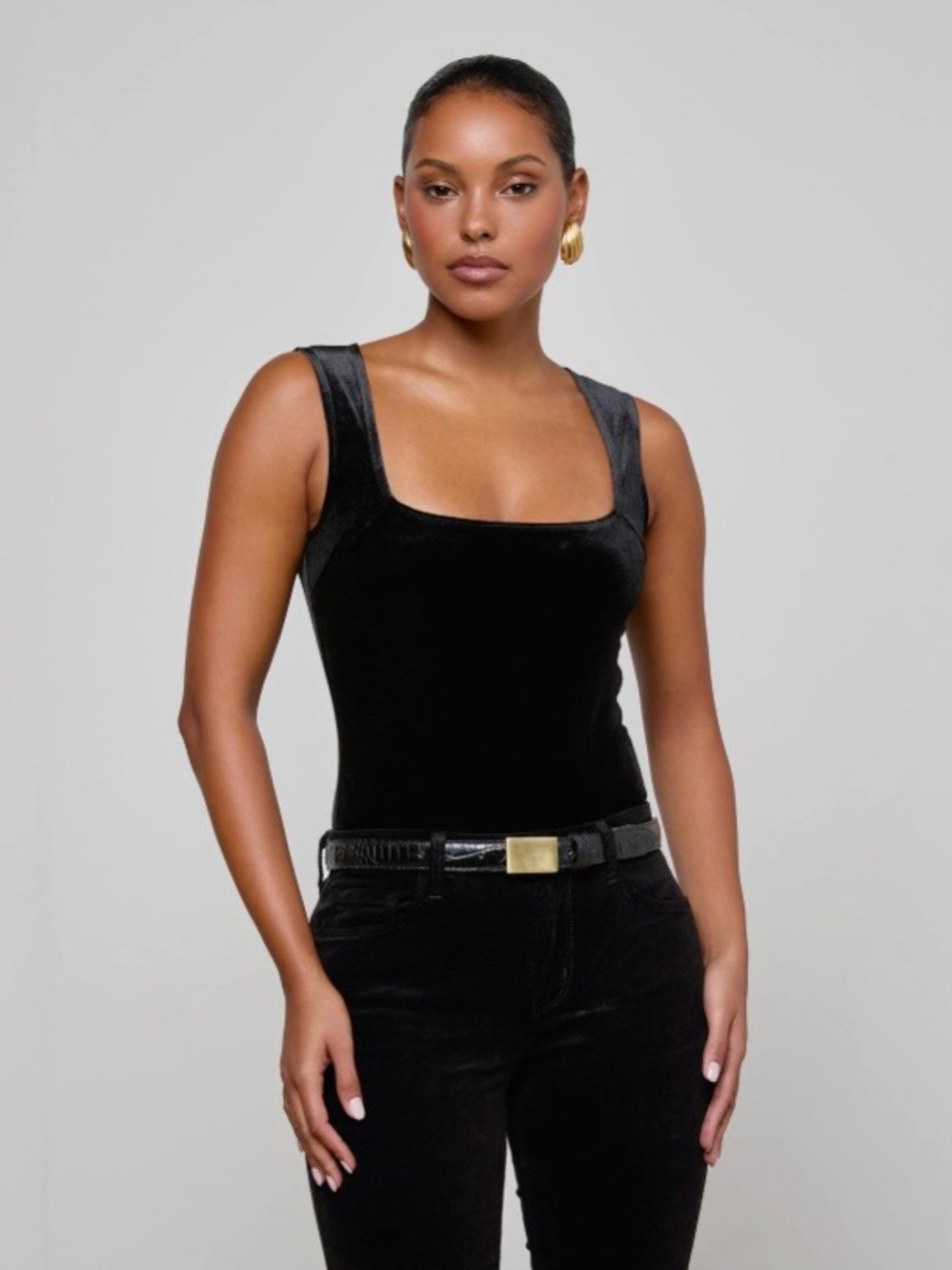 L'AGENCE Black Velvet Square-Neck Bodysuit
